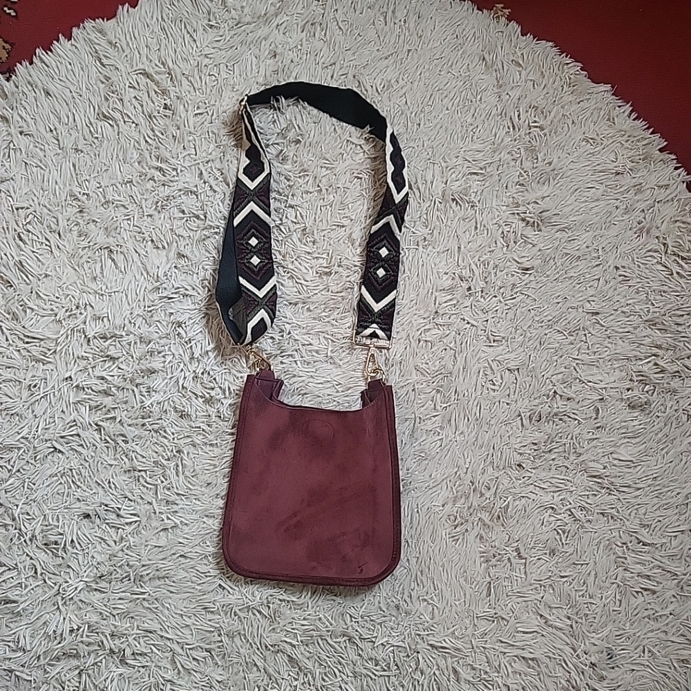 Ahdorned Crossbody Bag Wide Embroidery Strap Purse Burgundy Red Wine Merlot Boho